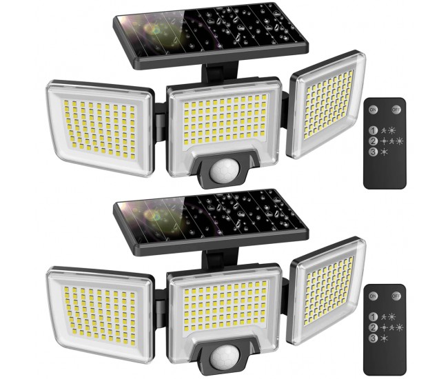 Set 2 Lampi solare de perete MustWin UT88268, 2500lm, LED, 216 leduri, Telecomanda,  3 moduri, senzor de miscare