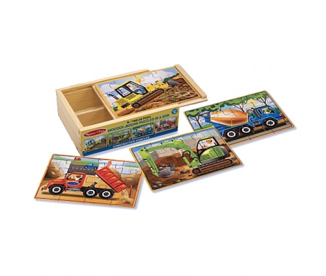 Set 4 puzzle lemn in cutie vehicule pentru constructii melissa and doug