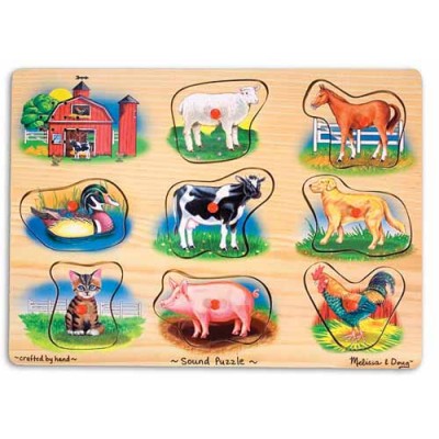 Puzzle lemn cu sunete animale de la ferma melissa and doug