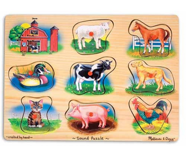 Puzzle lemn cu sunete animale de la ferma melissa and doug