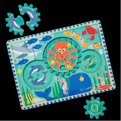 Puzzle educativ din lemn, cu rotite dintate, oceanul, 8 piese, pentru copii 3 ani+, melissa&doug 31003