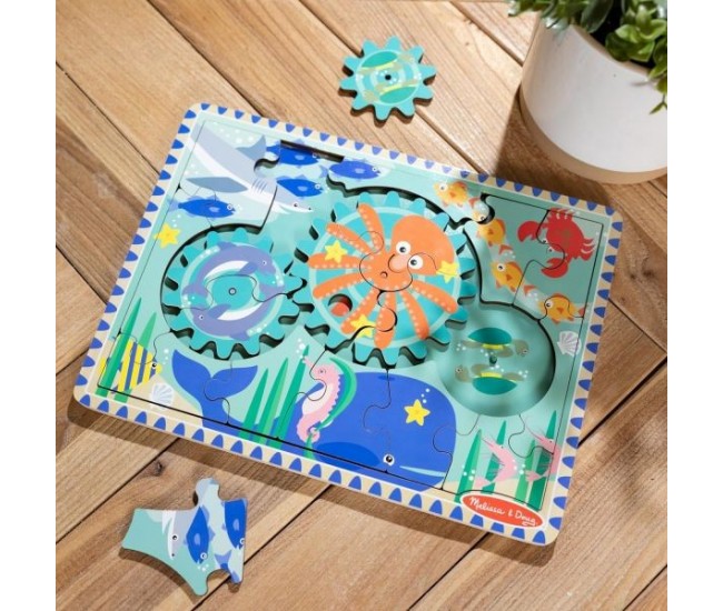 Puzzle educativ din lemn, cu rotite dintate, oceanul, 8 piese, pentru copii 3 ani+, melissa&doug 31003