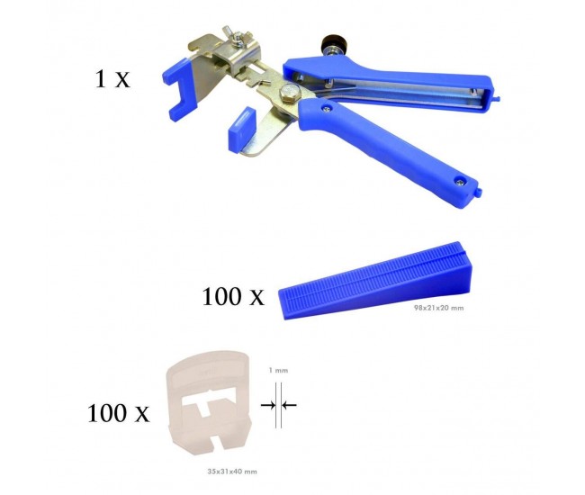 Set de nivelare si aliniere a placilor ceramice, cleste, 100 distantiere x 1 mm, 100 pene