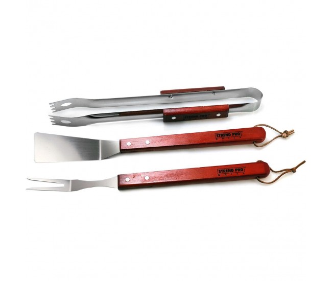 Ustensile pentru barbecue, grill, gratar, inox, maner lemn, set 3 buc