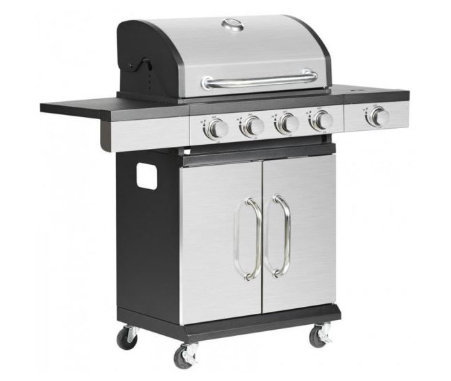 Gratar gradina, grill dreptunghiular, cu gaz, 4+1 arzatoare, cu roti, capac, 120x48x110 cm, BBQ Forbes 