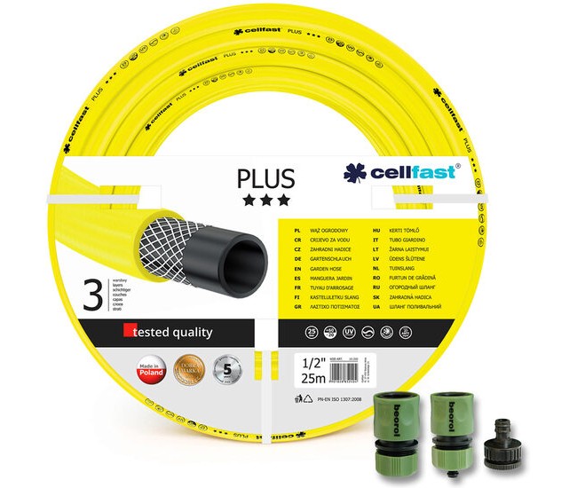 Furtun de gradina, 3 straturi, + cadou 2 cuple, 1 adaptor, 1/2, 25 m, Cellfast Plus