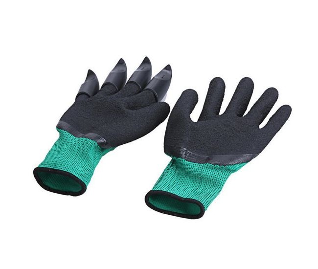 Manusi gradina cu 4 gheare, poliester, latex si ABS, negru si verde, marimea 10