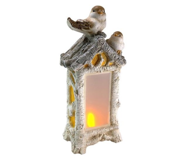 Decoratiune iarna, pasari si semineu, ceramica, LED, 3xAAA, 20x11x44 cm