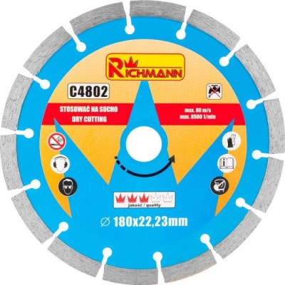 Disc diamantat segmentat, beton, taiere uscata, 180 mm/22.23 mm, Richmann 