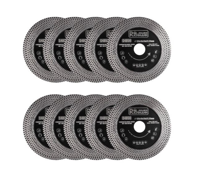 Disc diamantat turbo subtire, dublu segmentate, placi ceramice, taiere umeda si uscata, set 10 buc, 125x22.23x1.3 mm, Richmann Exclusive