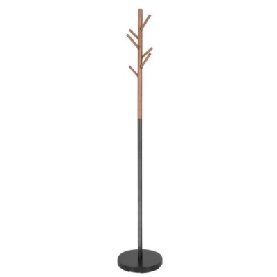 Cuier metalic design scandinav, 6 carlige, negru cu model lemn, baza metalica, 180 cm, Springos