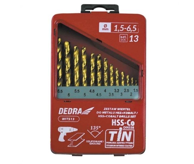 Burghiu pentru metal, HSS + cobalt + TiN, 135°, set 13 buc, Dedra