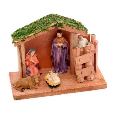 Decoratiune Craciun, polirasina, lemn, Nasterea lui Iisus, iesle cu animale, 15x6.5x11 cm, Magic Home