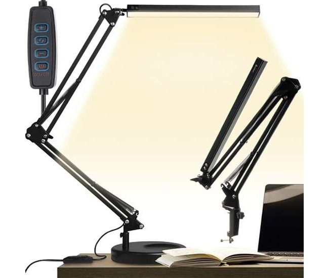 Lampa de birou 2 in 1, cu prindere masa, brat flexibil, 3 culori lumina, 10 niveluri, USB, negru, 3x37 cm, Izoxis