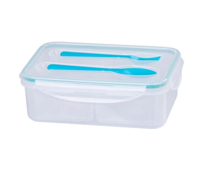 Cutie/caserola alimente, plastic, etansa, albastru, 2 compartiment, cu lingura si furculita, 1.5 L, 22x15.2x7.6 cm, MagicHome