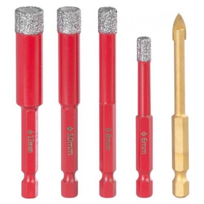 Set burghie diamantate uscate, burghiu de sticla, 5 piese, 6-8-10-12 mm, HEX, Strend Pro Premium