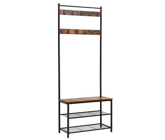 Cuier cu 2 rafturi pentru incaltaminte, Vasagle, banca, pal si metal, negru, 70x32x175 cm