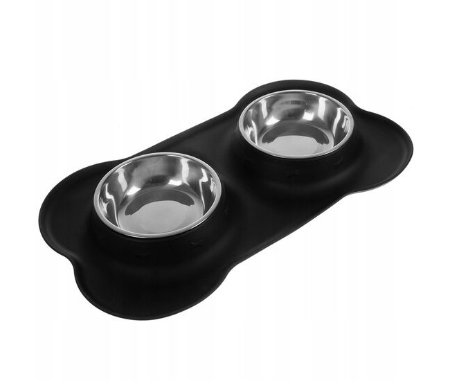 Castron, bol, pentru caine, pisica, Purlov, dublu, cu suport, inox si silicon, negru, 46x25x4.5 cm