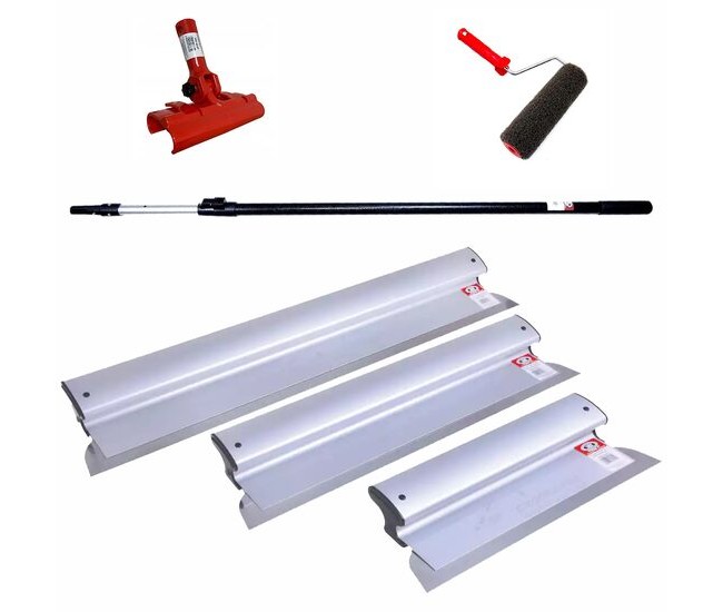 Set 3 gletiere profesionale, inox, 40, 60, 80 cm, suport, maner telescopic 1.2-2.2 m, rola gletuit, Ergoplane