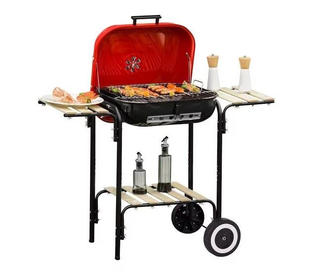 Gratar gradina cu carbuni, grill dreptunghiular, cu roti, capac, rafturi, 43 cm, 98x49x81 cm