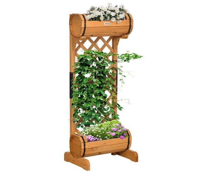 Jardiniera decorativa cu suport pentru plante cataratoare, lemn, 2 nivele, tip butoi, 45x35x112 cm