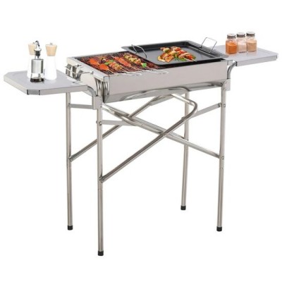 Gratar gradina/camping cu carbuni, portabil, grill dreptunghiular, cu suport condimente, structura inox, 104x30x68 cm