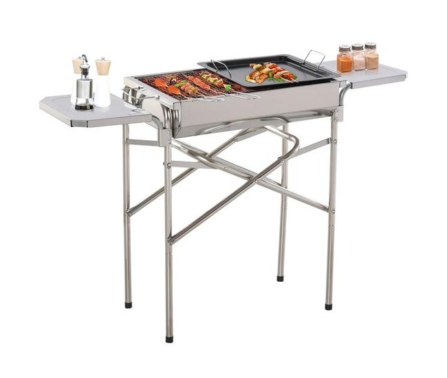 Gratar gradina/camping cu carbuni, portabil, grill dreptunghiular, cu suport condimente, structura inox, 104x30x68 cm