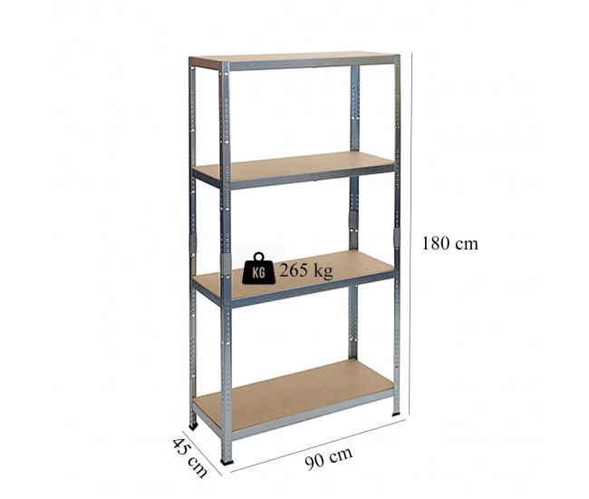 Raft depozitare, metalic, 4 polite, 265 kg, 90x45x180 cm