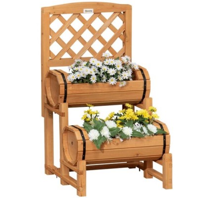 Jardiniera decorativa cu suport pentru plante cataratoare, lemn, 2 nivele, tip butoi, 45x45x80 cm