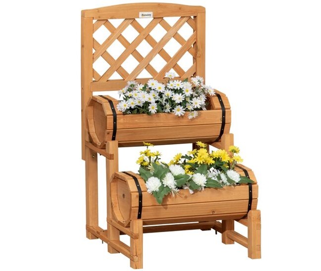 Jardiniera decorativa cu suport pentru plante cataratoare, lemn, 2 nivele, tip butoi, 45x45x80 cm