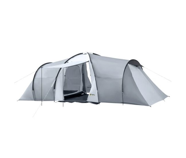 Cort camping, 4-5 persoane, material Oxford, impermeabil, cu copertina, geanta, gri, 590x245x193 cm