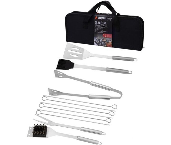 Ustensile pentru barbecue, grill, gratar, inox, cu geanta, set 12 piese, Strend Pro Grill