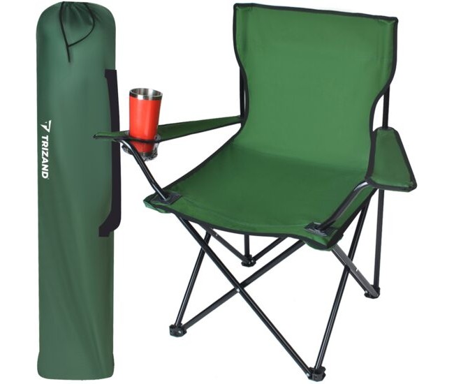 Scaun pliabil gradina, camping, pescuit, verde, cu suport pahar/sticla, husa, max 100 kg, 80x44x80 cm, Trizand