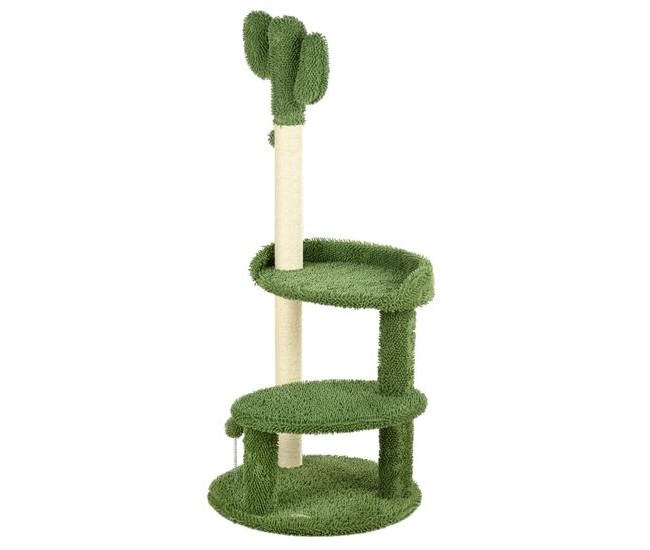 Ansamblu de joaca pentru pisici, model cactus, cu platforme si ciucuri, verde si bej, 39x111 cm