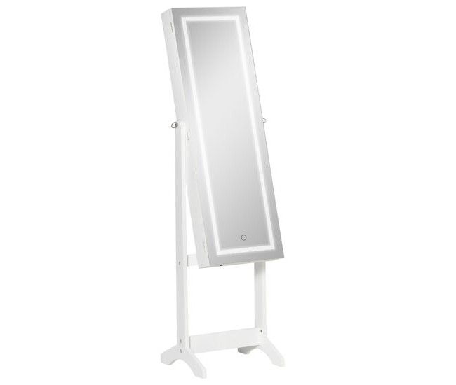 Cabinet bijuterii cu oglinda si iluminare LED, MDF, raft interior, alb, 46x36.5x151.5 cm