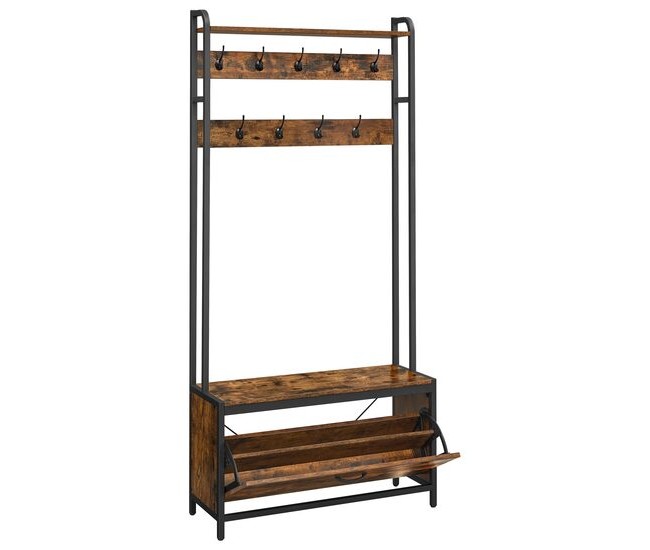 Cuier cu dulap pentru incaltaminte, Artool, banca, pal, otel, maro rustic si negru, 85x30x180 cm