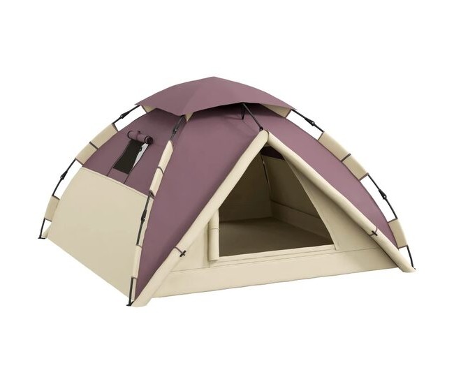 Cort camping, 2 persoane, impermeabil, cu ferestre, geanta, kaki si visiniu, 206x185x120 cm