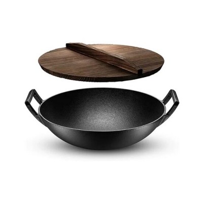 Vas de fonta tip Wok cu capac de lemn, 36.5x10 cm, Perfect Home