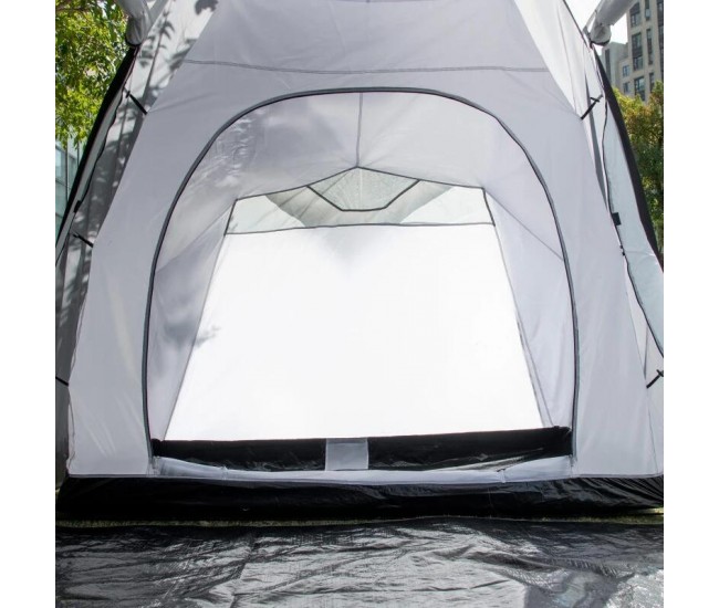 Cort camping, 4-5 persoane, material Oxford, impermeabil, cu copertina, geanta, gri, 590x245x193 cm