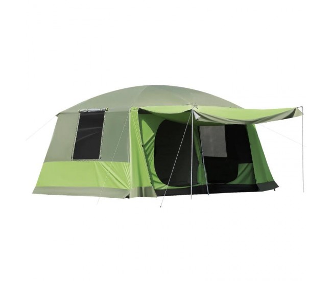 Cort camping, 4-8 persoane, impermeabil, cu copertina, verde, 410x310x225 cm