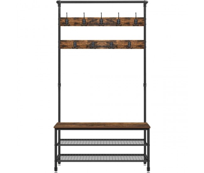 Cuier cu 2 rafturi pentru incaltaminte, Artool, banca, pal, otel, maro rustic si negru, 100x41.5x182 cm