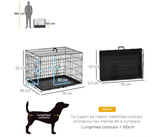 Cusca pentru animale de companie, otel, ABS, pliabila, cu 2 intrari, negru, marimea S, 76x46x52 cm