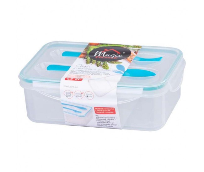 Cutie/caserola alimente, plastic, etansa, albastru, 2 compartiment, cu lingura si furculita, 1.5 L, 22x15.2x7.6 cm, MagicHome