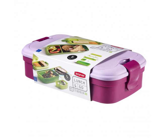 Cutie/caserola alimente, plastic, etansa, cu tacamuri, violet, 1.3 L, 23x13x7 cm, Curver