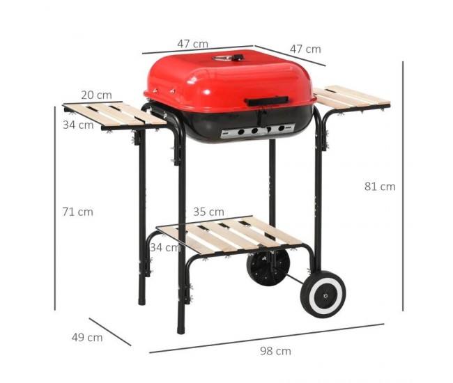 Gratar gradina cu carbuni, grill dreptunghiular, cu roti, capac, rafturi, 43 cm, 98x49x81 cm