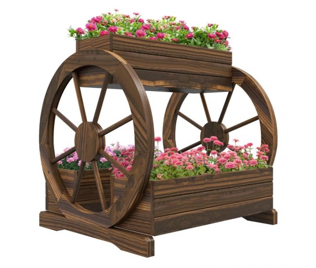 Jardiniera decorativa pentru flori, lemn, 2 nivele, tip caruta, 64x54x60 cm