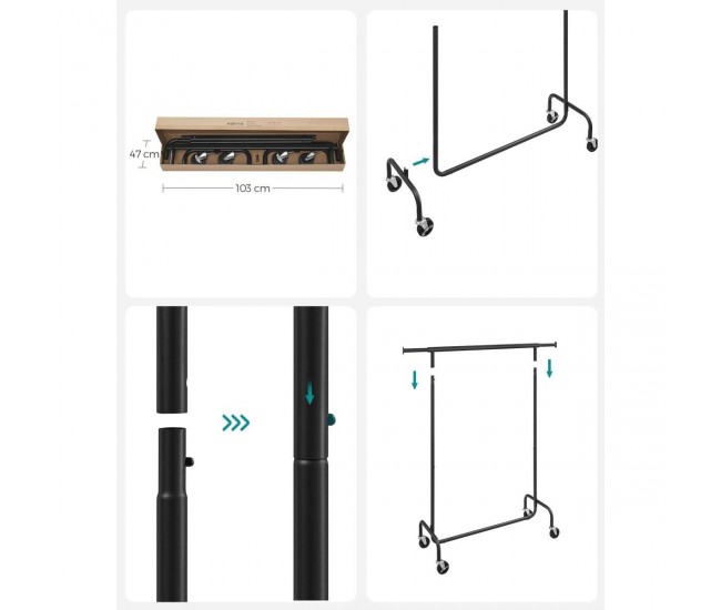 Suport mobil cu roti pentru haine, Artool, reglabil, otel, negru, max 136 kg, 110-150x45x160 cm