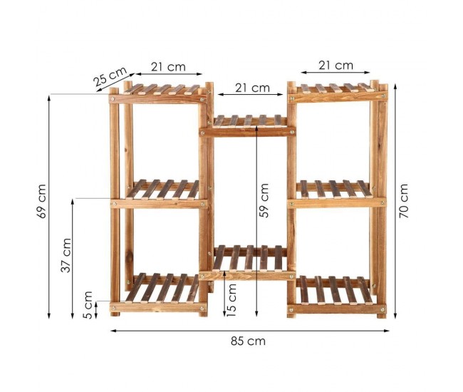 Suport pentru ghivece de flori, lemn, 5 niveluri, 8 locuri, 85x25x70 cm, Springos