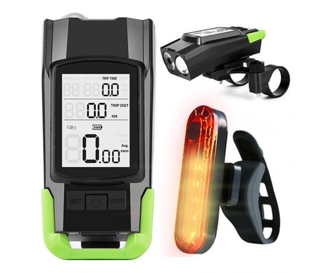 Vitezometru Digital cu lampa Fata + Spate si Claxon, waterproof, pentru bicicleta, model AVX-WT-BK-1718B