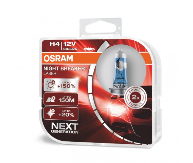 Set 2 becuri auto cu halogen Osram H4 12V 60/55W P43t Night Breaker Laser +150%